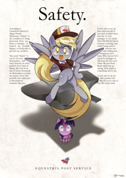 Size: 4500x6364 | Tagged: safe, artist:theratedrshimmer, character:derpy hooves, character:twilight sparkle, character:twilight sparkle (unicorn), species:pegasus, species:pony, species:unicorn, g4, '90s, absurd resolution, advertisement, anvil, clothing, cute, derpabetes, female, happy, hat, irony, looking at you, mailmare, mailmare hat, mailmare uniform, mare, retro, shocked, this will end in pain, twiabetes, vintage