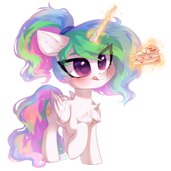 Size: 2000x2000 | Tagged: safe, artist:anku, character:princess celestia, species:alicorn, species:pony, g4, blep, cake, chest fluff, chibi, cute, cutelestia, eye clipping through hair, female, folded wings, food, glowing horn, high res, horn, levitation, magic, mare, raised hoof, signature, simple background, solo, tongue out, white background, wings