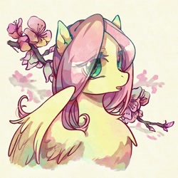 Size: 2048x2048 | Tagged: safe, artist:tkotu1, character:fluttershy, species:pegasus, species:pony, g4, bust, chest fluff, eye clipping through hair, female, high res, mare, open mouth, painting, solo, spring, traditional art, watercolor painting, wings