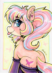 Size: 1467x2072 | Tagged: safe, artist:dandy, oc, oc only, species:earth pony, species:pony, abstract background, blep, clothing, cutie mark, ear fluff, ear piercing, eyebrows, eyebrows visible through hair, eyelashes, female, garters, jewelry, looking at you, looking back, looking back at you, mare, piercing, simple background, solo, stockings, tail, thigh highs, tongue out, traditional art