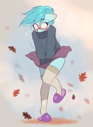 Size: 1237x1680 | Tagged: safe, artist:rexyseven, oc, oc only, oc:whispy slippers, species:anthro, species:earth pony, species:plantigrade anthro, species:pony, autumn, blushing, breeze, clothing, embarrassed, eyebrows, eyebrows visible through hair, eyelashes, female, floppy ears, glasses, leaves, mare, miniskirt, shoes, skirt, skirt lift, slippers, socks, solo, stockings, sweater, thigh highs, upskirt denied