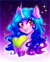 Size: 2893x3606 | Tagged: safe, artist:minamikoboyasy, character:izzy moonbow, species:pony, species:unicorn, g5, abstract background, blushing, bust, colored hooves, cute, ear fluff, female, gradient hair, grin, heart, high res, hooves, izzybetes, looking at you, mare, multicolored hair, portrait, smiling, solo, sparkles, teeth, text, unshorn fetlocks