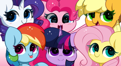 Size: 5456x2993 | Tagged: safe, artist:kittyrosie, character:applejack, character:fluttershy, character:pinkie pie, character:rainbow dash, character:rarity, character:twilight sparkle, species:earth pony, species:pegasus, species:pony, species:unicorn, blep, blushing, cute, dashabetes, diapinkes, female, group, heart eyes, jackabetes, looking at you, mane six, mare, open mouth, open smile, raribetes, sextet, shyabetes, signature, smiling, smiling at you, starry eyes, tongue out, twiabetes, wingding eyes