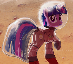 Size: 1232x1073 | Tagged: dead source, safe, artist:sophiesplushies, character:twilight sparkle, character:twilight sparkle (unicorn), species:pony, species:unicorn, g4, astronaut, butt, clothing, cropped, female, looking at you, mare, mars, obtrusive watermark, plot, ponies in space, raised hoof, solo, space, space helmet, space suit, tail helmet, twibutt, watermark