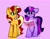 Size: 2048x1617 | Tagged: safe, artist:indigohatetrain, character:sunset shimmer, character:twilight sparkle, character:twilight sparkle (alicorn), species:alicorn, species:pony, species:unicorn, g4, my little pony:equestria girls, book, duo, female, folded wings, glowing horn, horn, levitation, magic, magic aura, mare, open mouth, pink background, raised hoof, reading, simple background, smiling, telekinesis, wings