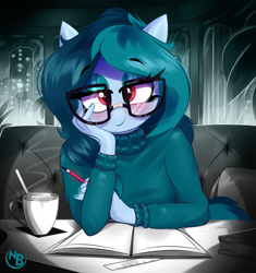 Size: 3169x3378 | Tagged: safe, artist:nevobaster, oc, oc only, oc:delta vee, species:anthro, species:pegasus, species:pony, blushing, cityscape, clothing, couch, cup, eyebrows, eyebrows visible through hair, eyelashes, eyeshadow, female, looking at you, makeup, mare, notebook, pencil, rain, ruler, sitting, skyscraper, solo, straw, sweater, window