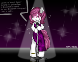 Size: 2500x2000 | Tagged: safe, artist:scarletdoodle, oc, oc only, oc:wild swing, species:earth pony, species:pony, g4, abstract background, anklet, bipedal, clothing, dialogue, dress, earth pony oc, eyes closed, eyeshadow, female, french, gradient background, jazz, jewelry, makeup, mare, pink mane, shiny, signature, singing, solo, sparkles, speech bubble, spotlight, text, white coat