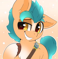 Size: 2851x2880 | Tagged: safe, artist:miss-jessiie, character:hitch trailblazer, species:earth pony, species:pony, g5, my little pony: a new generation, bandolier, blaze (coat marking), bust, chest fluff, coat markings, colored hooves, cute, ear down, ear fluff, featured on derpibooru, high res, hitchbetes, hoof on chest, hooves, looking at you, male, sheriff's badge, smiling, smug, socks (coat marking), solo, stallion, unshorn fetlocks