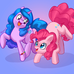 Size: 2500x2500 | Tagged: safe, artist:hexecat, character:izzy moonbow, character:pinkie pie, species:earth pony, species:pony, species:unicorn, g4, g5, ass up, bracelet, cute, diapinkes, duo, duo female, female, friendship bracelet, generational ponidox, gradient background, gradient hair, izzy and her heroine, izzybetes, jewelry, looking at each other, looking at someone, mare, multicolored hair, open mouth, open smile, ponidox, raised hoof, simple background, smiling, three quarter view