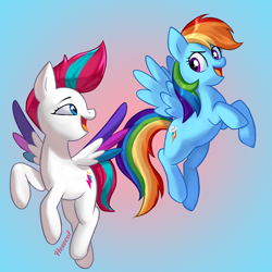 Size: 2500x2500 | Tagged: safe, artist:hexecat, character:rainbow dash, character:zipp storm, species:pegasus, species:pony, g4, g5, adorazipp, colored wings, cute, dashabetes, female, generation leap, generational ponidox, looking at each other, mare, multicolored wings, open mouth, ponidox, profile, signature, spread wings, three quarter view, wings, zipp and her heroine