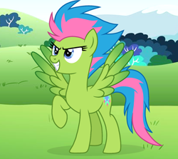 Size: 1212x1080 | Tagged: safe, artist:cstrawberrymilk, character:luminous dazzle, species:pegasus, species:pony, female, mare, raised hoof, solo, spread wings, wings