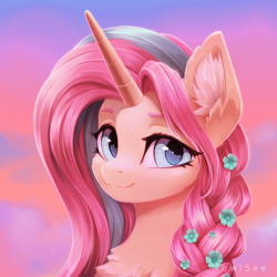 Size: 2000x2000 | Tagged: safe, artist:inowiseei, oc, oc only, oc:rapunzel shy, species:pony, species:unicorn, bust, female, high res, mare, signature, solo