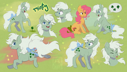Size: 3840x2160 | Tagged: safe, artist:bluefeathercat, character:minty (g1), character:posey, species:earth pony, species:pony, g1, abstract background, bow, cute, eyebrows, female, freckles, looking at each other, mare, minty (g1), open mouth, open smile, profile, raised hoof, sitting, smiling, tail, tail bow, text, three quarter view