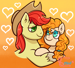 Size: 1198x1076 | Tagged: safe, artist:bowsarefriends, character:bright mac, character:pear butter, species:earth pony, species:pony, ship:brightbutter, episode:the perfect pear, g4, my little pony: friendship is magic, apple family member, clothing, duo, female, hat, heart, looking at each other, male, mare, shipping, stallion, straight
