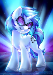 Size: 2480x3507 | Tagged: safe, artist:tokokami, character:dj pon-3, character:vinyl scratch, species:pony, species:unicorn, g4, female, glasses, grin, high res, lidded eyes, looking at you, mare, smiling, solo, stage, unshorn fetlocks