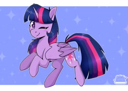 Size: 4093x2894 | Tagged: safe, artist:jellysketch, character:twilight sparkle, character:twilight sparkle (alicorn), species:alicorn, species:pony, blushing, female, folded wings, high res, looking at you, mare, one eye closed, signature, solo, sparkles, wings, wink, winking at you