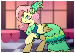 Size: 2480x1748 | Tagged: safe, artist:jellysketch, character:fluttershy, species:pegasus, species:pony, g4, clothing, dress, female, folded wings, gala dress, mare, raised hoof, smiling, solo, wings
