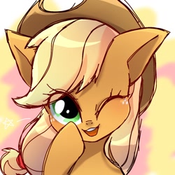 Size: 1280x1280 | Tagged: safe, artist:namaenonaipony, character:applejack, species:earth pony, species:pony, g4, applejack's hat, clothing, cowboy hat, cute, eye clipping through hair, female, freckles, hat, jackabetes, looking at you, mare, one eye closed, open mouth, smiling, solo, stetson, wink, winking at you