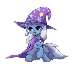 Size: 1358x1187 | Tagged: safe, artist:namaenonaipony, character:trixie, species:pony, species:unicorn, g4, cape, clothing, cute, diatrixes, female, hat, mare, open mouth, simple background, sitting, solo, trixie's cape, trixie's hat, white background, wizard hat