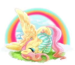 Size: 2394x2090 | Tagged: safe, artist:worstwatchdog, character:fluttershy, species:pegasus, species:pony, g4, clothing, cute, female, grass, high res, mare, rainbow, shyabetes, signature, simple background, solo, spread wings, striped stockings, white background, wings