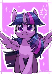Size: 1763x2507 | Tagged: safe, artist:yukkuri_yu_yu, character:twilight sparkle, character:twilight sparkle (alicorn), species:alicorn, species:pony, cute, female, japanese, looking at you, mare, outline, smiling, smiling at you, solo, sparkles, spread wings, twiabetes, wings