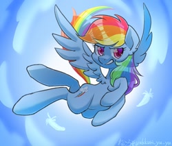 Size: 1200x1024 | Tagged: safe, artist:yukkuri_yu_yu, character:rainbow dash, species:pegasus, species:pony, g4, feather, female, japanese, mare, signature, solo, spread wings, wings