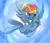 Size: 1200x1024 | Tagged: safe, artist:yukkuri_yu_yu, character:rainbow dash, species:pegasus, species:pony, g4, feather, female, japanese, mare, signature, solo, spread wings, wings