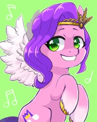 Size: 960x1200 | Tagged: safe, artist:yukkuri_yu_yu, character:pipp petals, species:pegasus, species:pony, g5, backwards cutie mark, cutie mark, female, green background, looking at you, mare, music notes, pipp wings, signature, simple background, smiling, smiling at you, solo, spread wings, wings