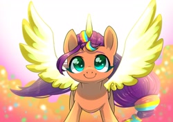 Size: 2507x1763 | Tagged: safe, artist:yukkuri_yu_yu, character:sunny starscout, species:alicorn, species:earth pony, species:pony, g5, artificial horn, artificial wings, augmented, cute, female, horn, looking at you, magic, magic horn, magic wings, mare, solo, spread wings, sunnybetes, wings