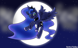 Size: 2500x1548 | Tagged: safe, artist:scarletdoodle, character:princess luna, species:alicorn, species:pony, g4, blue coat, blue eyes, butt, clothing, cute, ethereal mane, female, flying, galaxy mane, hoof shoes, lunabetes, mare, moon, moonbutt, night, princess, shoes, solo, spread wings, stars, wings