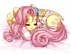 Size: 4096x3102 | Tagged: safe, artist:konejo, character:angel bunny, character:fluttershy, species:pegasus, species:pony, species:rabbit, g4, clothing, commission, cute, duo, eyes closed, female, high res, mare, shyabetes, sleeping, socks, striped socks