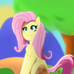 Size: 1800x1800 | Tagged: safe, artist:ermecg, character:fluttershy, species:pegasus, species:pony, g4, cel shading, chest fluff, colored lineart, cute, eyes open, female, gazing, looking up, mare, shading, shyabetes, signature, simple background, sitting, sky, solo