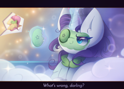 Size: 2100x1500 | Tagged: safe, artist:miryelis, character:fluttershy, character:rarity, species:pegasus, species:pony, species:unicorn, g4, bathrobe, bite mark, bubble, clothing, cucumber, darling, female, food, glowing, glowing horn, horn, magic, magic aura, mare, mask, mud mask, robe, smiling, spa, telekinesis, text, water