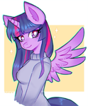 Size: 1653x2000 | Tagged: safe, artist:puffyrin, character:twilight sparkle, character:twilight sparkle (alicorn), species:alicorn, species:anthro, species:pony, g4, abstract background, black outlines, chromatic aberration, clothing, colored outlines, eyebrows, eyebrows visible through hair, female, looking at you, mare, signature, simple background, solo, spread wings, sweater, three quarter view, white background, white pupils, wings