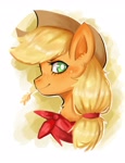 Size: 1566x2048 | Tagged: safe, artist:puffyrin, character:applejack, species:earth pony, species:pony, g4, abstract background, applejack's hat, bandana, bust, clothing, cowboy hat, female, hat, looking at you, mare, portrait, solo, stetson, straw in mouth, white pupils