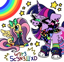 Size: 1611x1573 | Tagged: safe, artist:raystarkitty, character:fluttershy, character:twilight sparkle, character:twilight sparkle (unicorn), species:pegasus, species:pony, species:unicorn, g4, >.<, blep, clothing, converse, cute, duo, eyes closed, female, heart eyes, mare, open mouth, rainbow, shoes, shyabetes, simple background, sitting, sneakers, spread wings, stars, tongue out, we're emo, white background, wingding eyes, wings