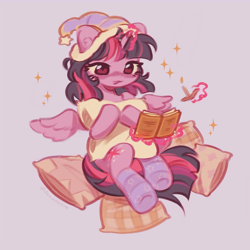 Size: 2550x2550 | Tagged: safe, artist:deadchrltte, character:twilight sparkle, character:twilight sparkle (alicorn), species:alicorn, species:pony, book, clothing, cute, female, glowing horn, hat, high res, horn, levitation, magic, magic aura, mare, nightcap, pillow, purple background, reading, simple background, socks, solo, sparkles, striped socks, telekinesis, twiabetes