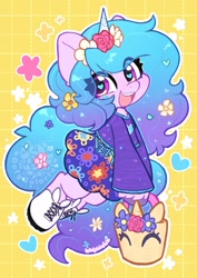 Size: 2381x3368 | Tagged: safe, artist:oofycolorful, character:izzy moonbow, species:pony, species:unicorn, g5, basket, clothing, cute, female, flower, flower in hair, gradient hair, heart, heart eyes, high res, izzybetes, looking at you, mare, multicolored hair, open mouth, open smile, semi-anthro, shoes, signature, skirt, smiling, smiling at you, solo, sparkles, stars, wingding eyes