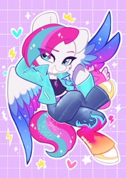 Size: 2381x3368 | Tagged: safe, artist:colorfulcolor233, character:zipp storm, species:pegasus, species:pony, g5, clothing, female, high res, looking at you, mare, semi-anthro, signature, smiling, smiling at you, solo