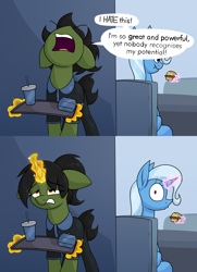 Size: 2268x3124 | Tagged: safe, artist:moonatik, character:trixie, oc, oc:grim fate, species:pony, species:unicorn, g4, 2 panel comic, angry, burger, comic, dialogue, drink, eyebrows, eyebrows visible through hair, fast food, female, floppy ears, food, glowing horn, horn, magic, magic aura, mare, profile, speech bubble, surprised, table, talking to herself, telekinesis, text, tired, tray, unicorn oc