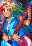 Size: 2480x3508 | Tagged: safe, artist:moto-1024, character:rainbow dash, species:human, g4, my little pony:equestria girls, big grin, dreamworks face, electric guitar, female, grin, guitar, high res, human coloration, moderate dark skin, musical instrument, smiling, solo