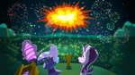 Size: 4444x2500 | Tagged: safe, artist:dacaoo, character:starlight glimmer, character:trixie, species:pony, species:unicorn, g4, cape, christmas, clothing, duo, duo female, explosion, female, fireworks, glowing horn, happy new year, happy new year 2023, hat, holiday, magic, magic aura, mare, new year, telekinesis, trixie's cape, trixie's hat, wizard hat
