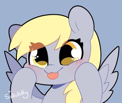 Size: 2048x1721 | Tagged: safe, artist:sakukitty, character:derpy hooves, species:pegasus, species:pony, g4, blep, blushing, cute, derpabetes, female, mare, mlem, signature, silly, simple background, solo, spread wings, tongue out, wings