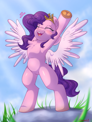 Size: 2105x2791 | Tagged: safe, artist:nanazdina, derpibooru original, character:pipp petals, species:pegasus, species:pony, g5, :3, adorapipp, bipedal, blushing, chest fluff, circlet, cute, eyes closed, female, ibispaint x, mare, open mouth, pipp wings, princess pipp, smiling, solo, spread wings, stretching, underhoof, wings, ych example, your character here