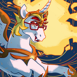 Size: 1000x1000 | Tagged: safe, character:daybreaker, character:princess celestia, species:alicorn, species:pony, g4, armor, bust, fangs, glasses, sharp teeth, smiling, solo