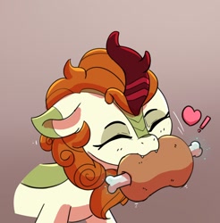 Size: 1632x1660 | Tagged: safe, artist:pabbley, character:autumn blaze, species:kirin, g4, awwtumn blaze, bust, chomp, cute, cute little fangs, eating, exclamation point, eyes closed, fangs, female, floating heart, floppy ears, food, gradient background, heart, meat, nom, ponies eating meat, sharp teeth, smiling, solo