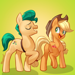 Size: 2500x2500 | Tagged: safe, artist:hexecat, character:applejack, character:hitch trailblazer, species:earth pony, species:pony, g4, g5, butt, eyebrows, eyes closed, female, gradient background, male, mare, open mouth, plot, profile, raised hoof, signature, simple background, stallion, three quarter view