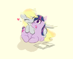 Size: 2322x1881 | Tagged: safe, artist:manicpanda, character:derpy hooves, character:twilight sparkle, character:twilight sparkle (unicorn), species:pegasus, species:pony, species:unicorn, ship:twerpy, g4, book, colored pupils, cuddling, cute, derpabetes, eyes closed, female, floating heart, heart, horn, kissing, lesbian, lying down, mare, one eye closed, open mouth, open smile, ponyloaf, prone, shipping, simple background, smiling, spread wings, tan background, twiabetes, wings