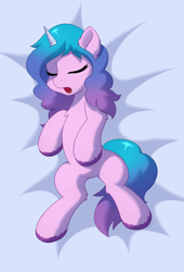 Size: 1500x2200 | Tagged: safe, alternate version, artist:mercurysparkle, character:izzy moonbow, species:pony, species:unicorn, g5, bed, cheek fluff, chest fluff, eyes closed, female, gradient hair, leg fluff, lying down, mare, multicolored hair, on back, on bed, open mouth, sleeping, solo
