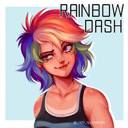 Size: 1400x1400 | Tagged: safe, artist:l4zy_4le, character:rainbow dash, species:human, g4, bandage, bandaid, bandaid on nose, bare shoulders, bust, clothing, female, humanized, light skin, signature, sleeveless, solo, species swap, tan lines